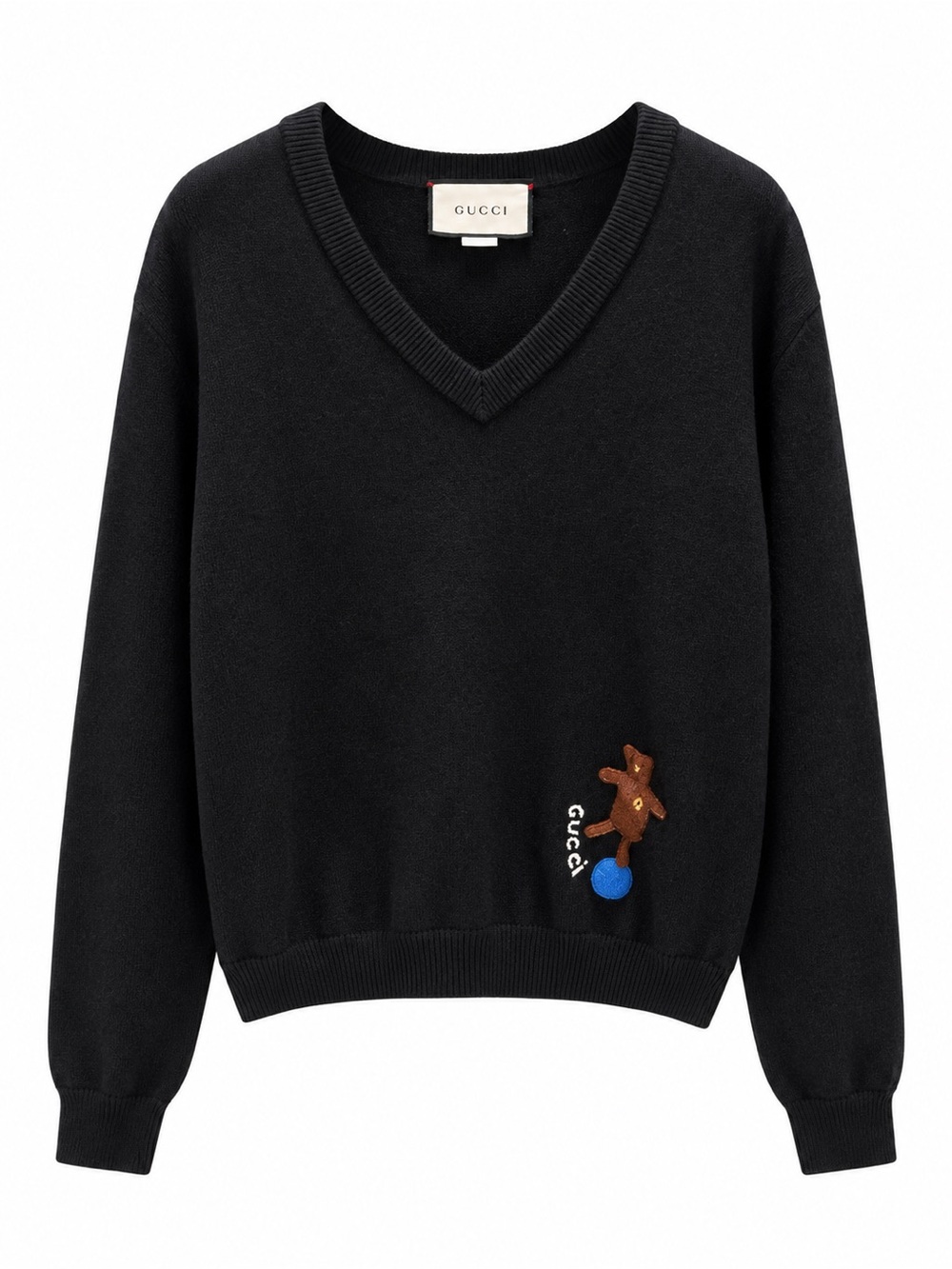 Gucci Black V-Neck Sweater with Brown Bear Patch and Blue Accent